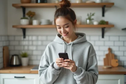 Jeune femme tenant un smartphone entrée de gamme dans une cuisine moderne, illustrant le meilleur rapport qualité prix téléphone 2026