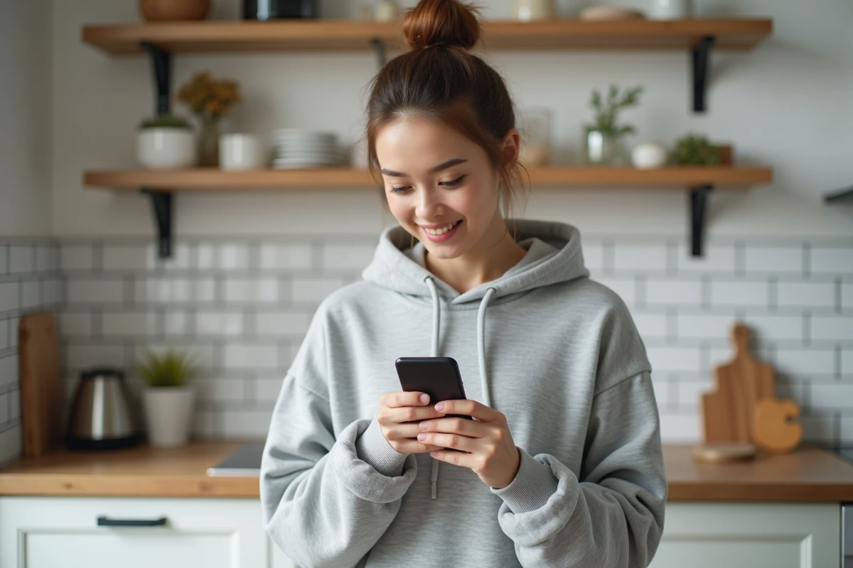 Jeune femme tenant un smartphone entrée de gamme dans une cuisine moderne, illustrant le meilleur rapport qualité prix téléphone 2026