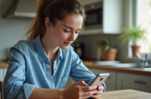 Jeune femme utilisant son smartphone dans la cuisine