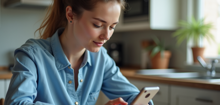 Jeune femme utilisant son smartphone dans la cuisine