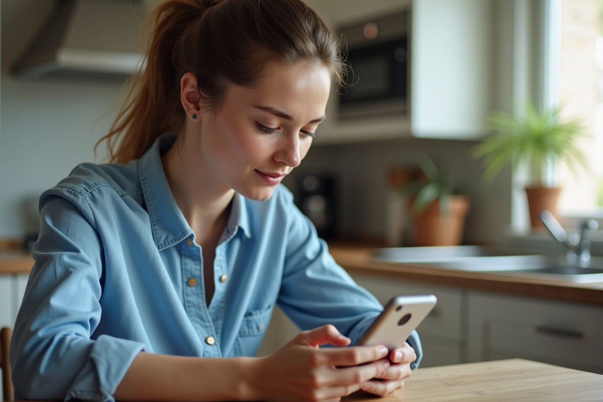 Jeune femme utilisant son smartphone dans la cuisine