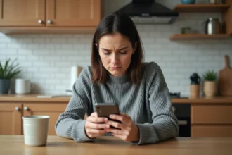 Femme tenant un smartphone et scrutant l'écran avec une expression perplexe, illustrant les erreurs courantes lors de l'upload de photos depuis un téléphone