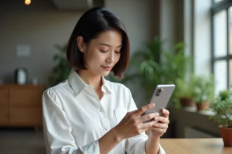 Femme tenant un smartphone pliable futuriste dans un espace de coworking moderne, illustrant les tendances smartphones 2026