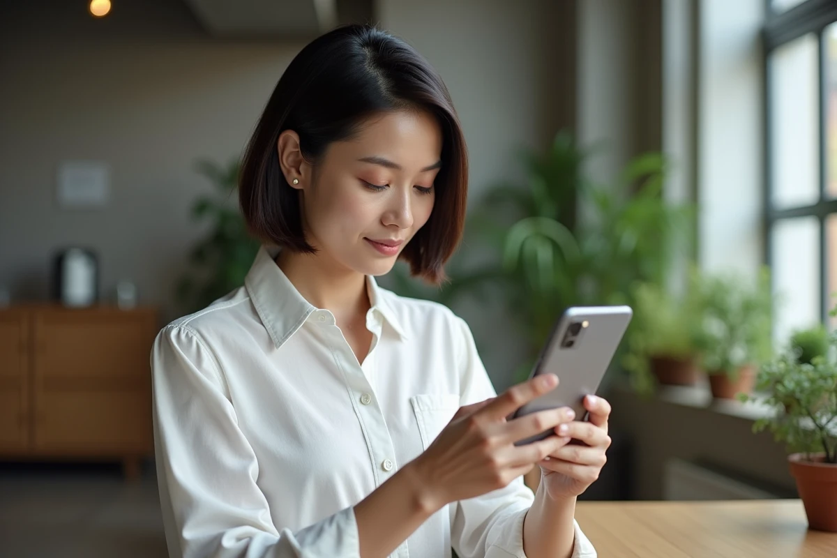 Femme tenant un smartphone pliable futuriste dans un espace de coworking moderne, illustrant les tendances smartphones 2026