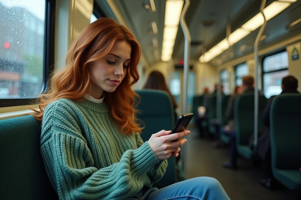 Jeune femme utilisant un smartphone dans un train urbain, reflet des usages mobiles et tendances 2026