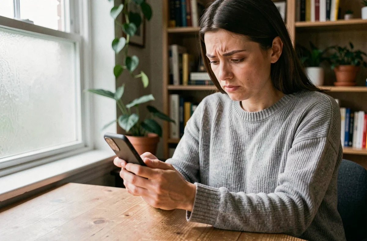 Femme consultant son smartphone pour supprimer un contact sur Messenger dans un bureau à domicile