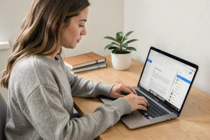 Jeune femme créant une table des matières avec des liens cliquables sur Google Docs depuis son bureau à domicile