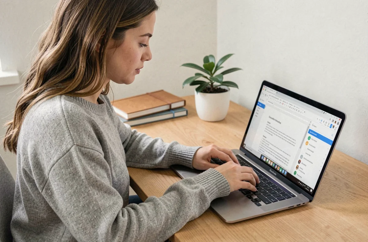 Jeune femme créant une table des matières avec des liens cliquables sur Google Docs depuis son bureau à domicile