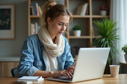 Jeune femme travaillant à domicile avec ordinateur et smartphone