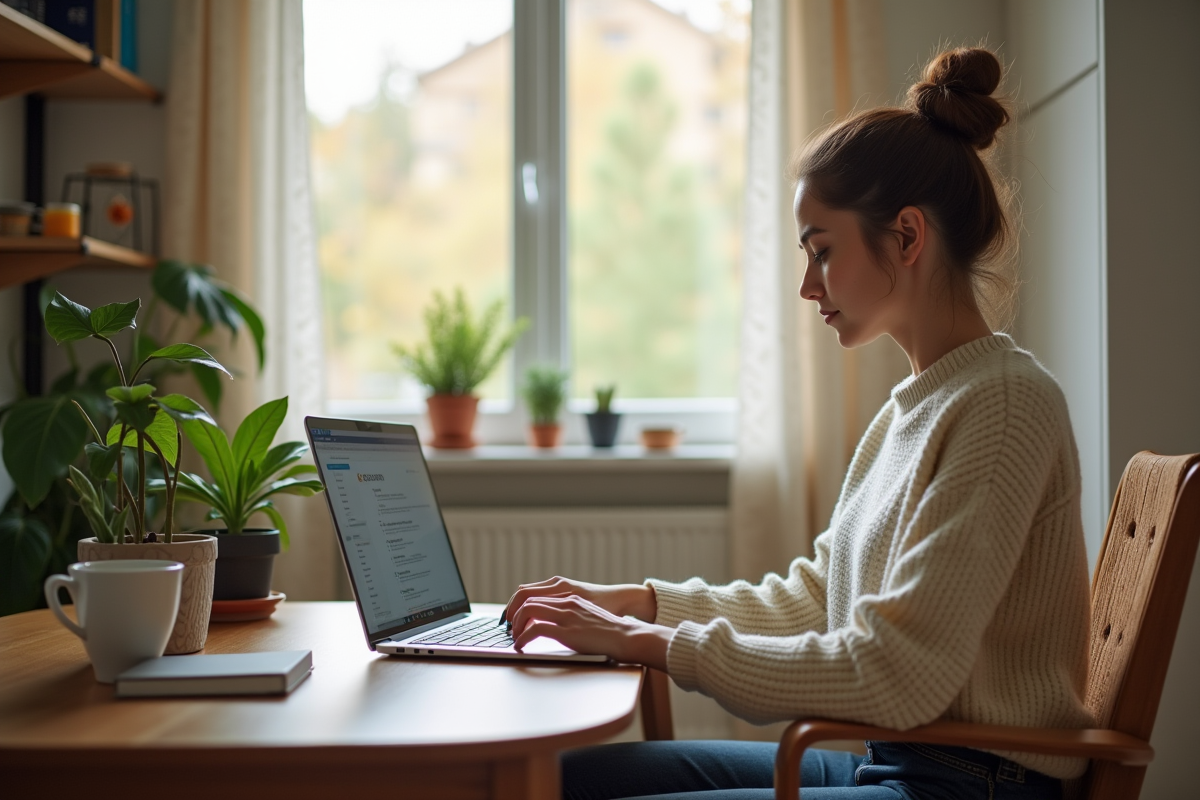 Jeune femme vérifiant ses flux RSS sur ordinateur portable