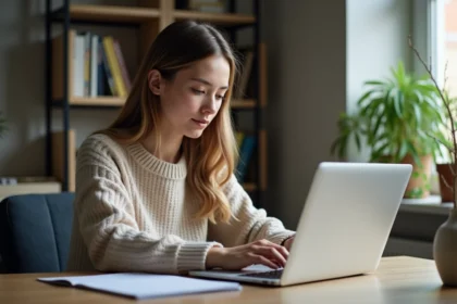 Jeune femme travaillant sur un ordinateur dans un bureau moderne