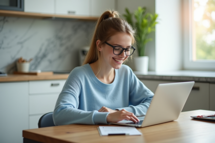 Jeune femme travaillant sur son ordinateur dans une cuisine lumineuse