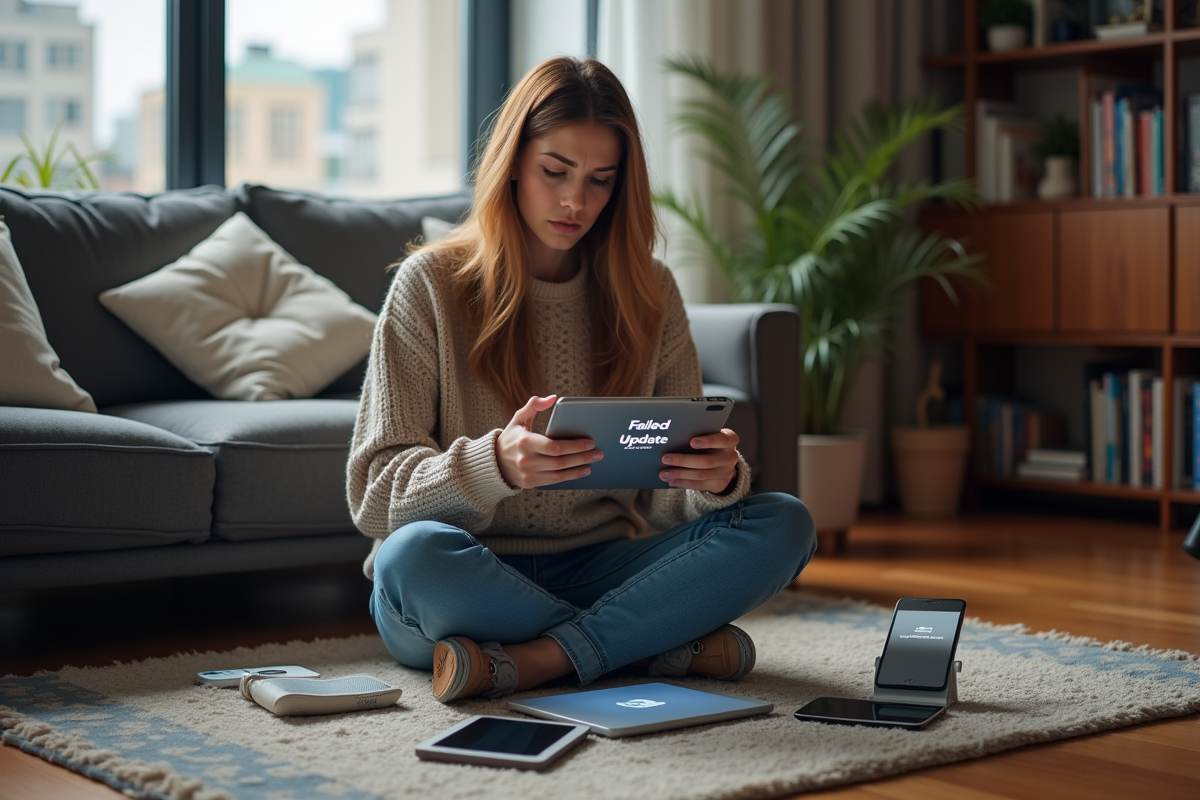 Jeune femme face à un échec de mise à jour sur ses appareils