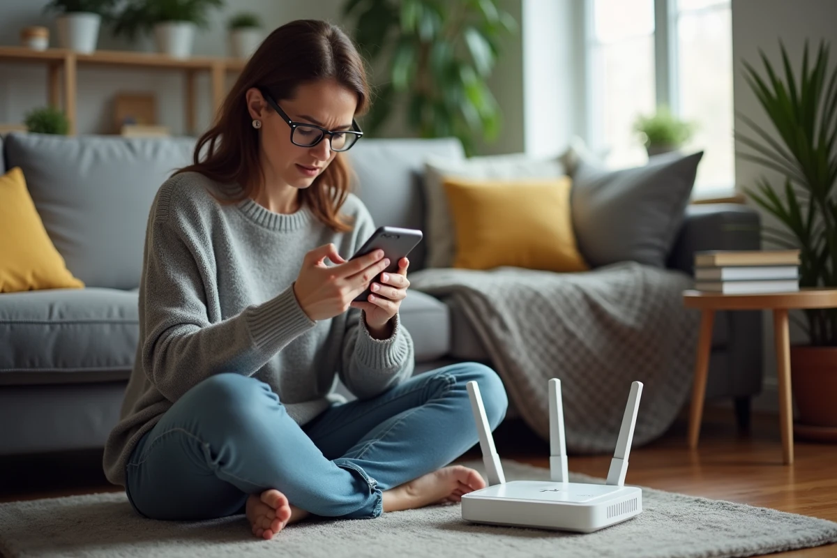 Femme cherchant des astuces pour son internet à la maison