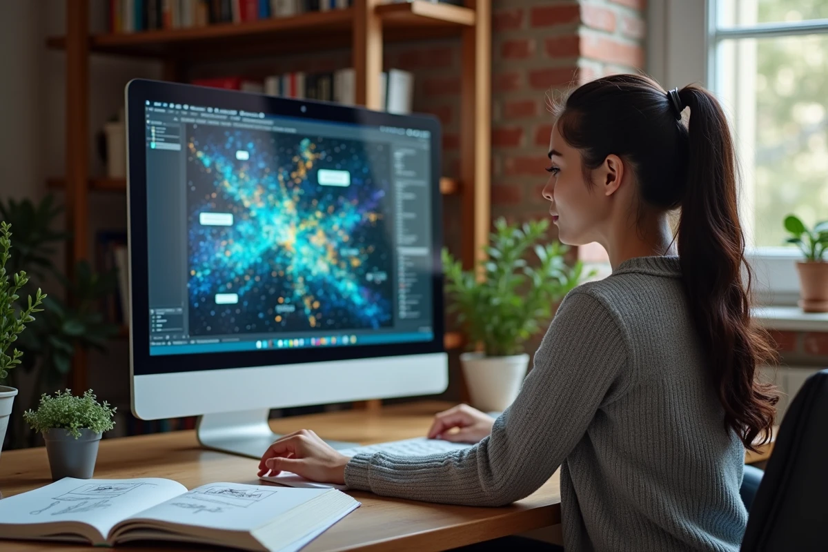 Femme utilisant Leonardo AI sur un écran d'ordinateur pour générer des illustrations numériques dans un bureau à domicile