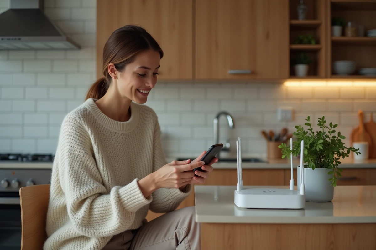 Jeune femme utilise un smartphone dans une cuisine moderne et organisée