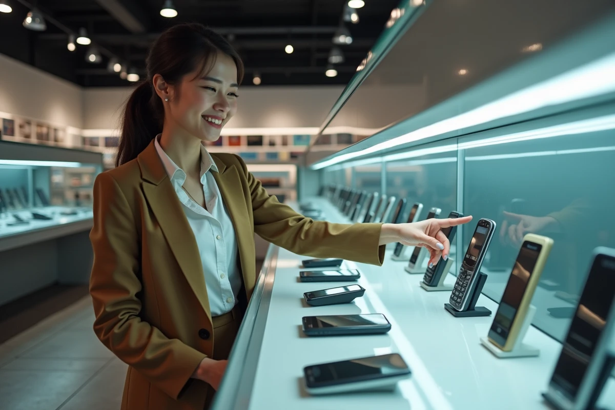 Jeune femme regarde un display de téléphones GSM vintage en magasin