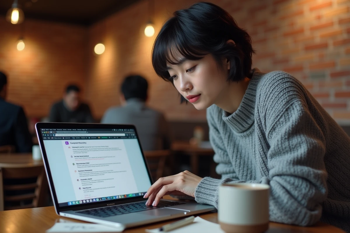 Femme prenant des notes sur le processus de whitelist d'un serveur Discord dans un café