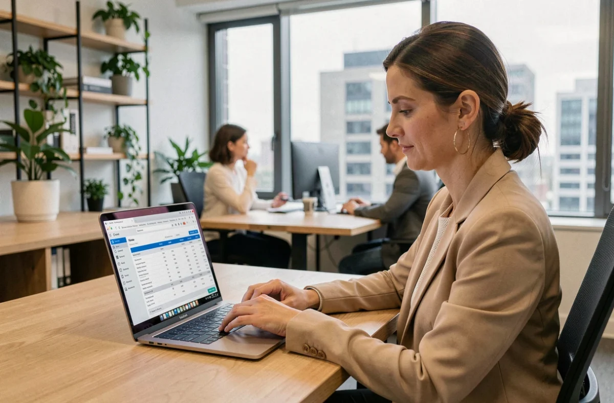 Femme professionnelle consultant sa fiche de paie électronique sur un ordinateur portable dans un bureau moderne