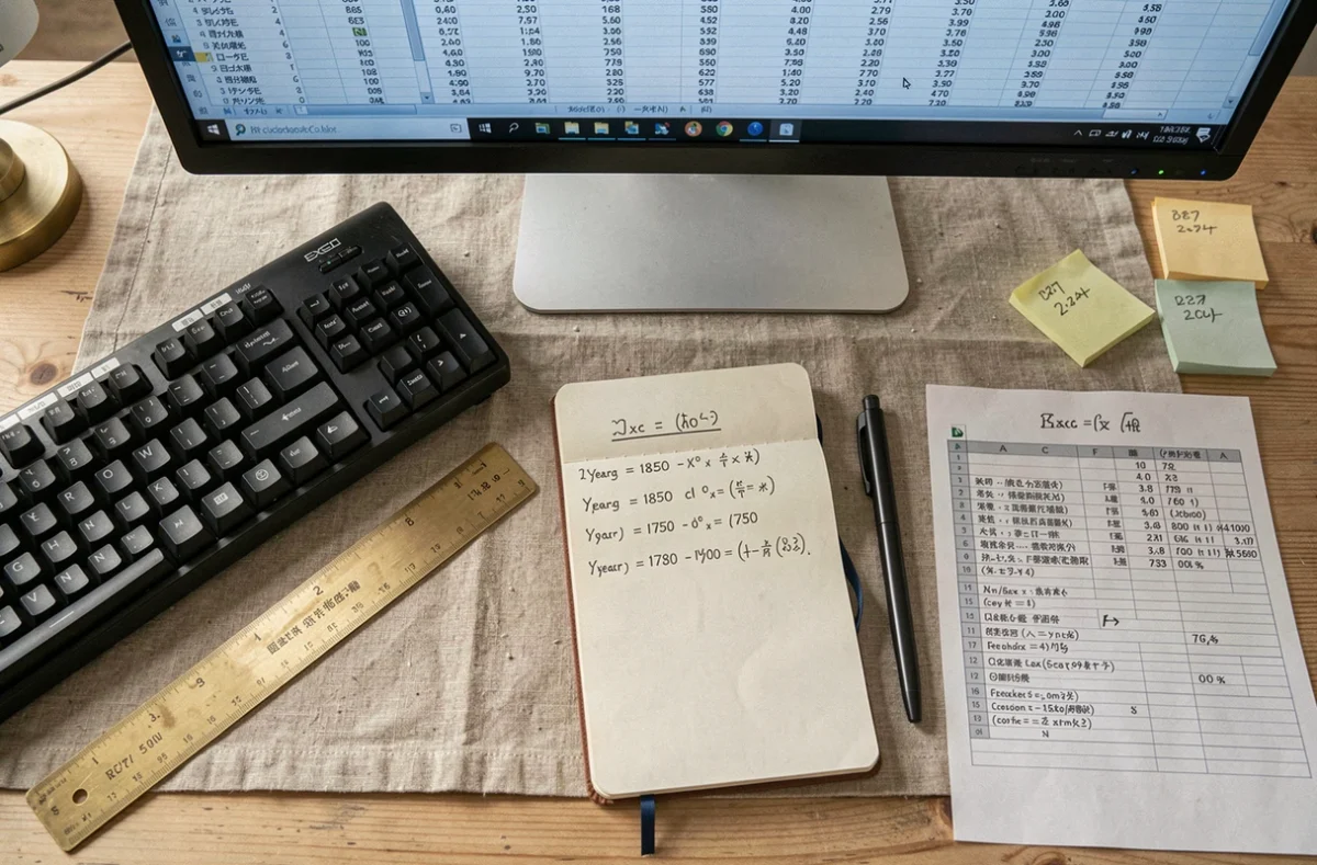 Vue aérienne d'un bureau avec cahier de formules de dates Excel, clavier mécanique et feuille de calcul pour dates antérieures à 1900