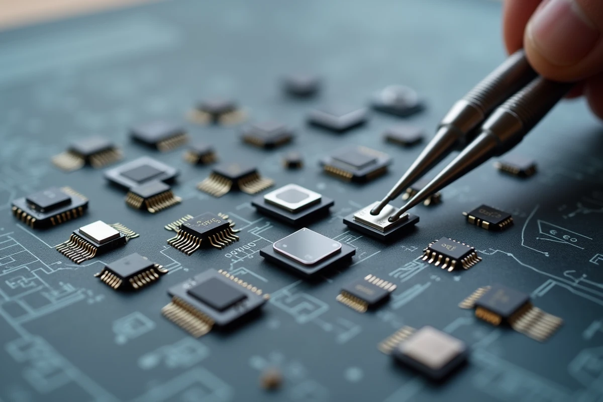Vue en flat-lay de micro-dispositifs connectés et capteurs IoT de nouvelle génération sur fond ardoise