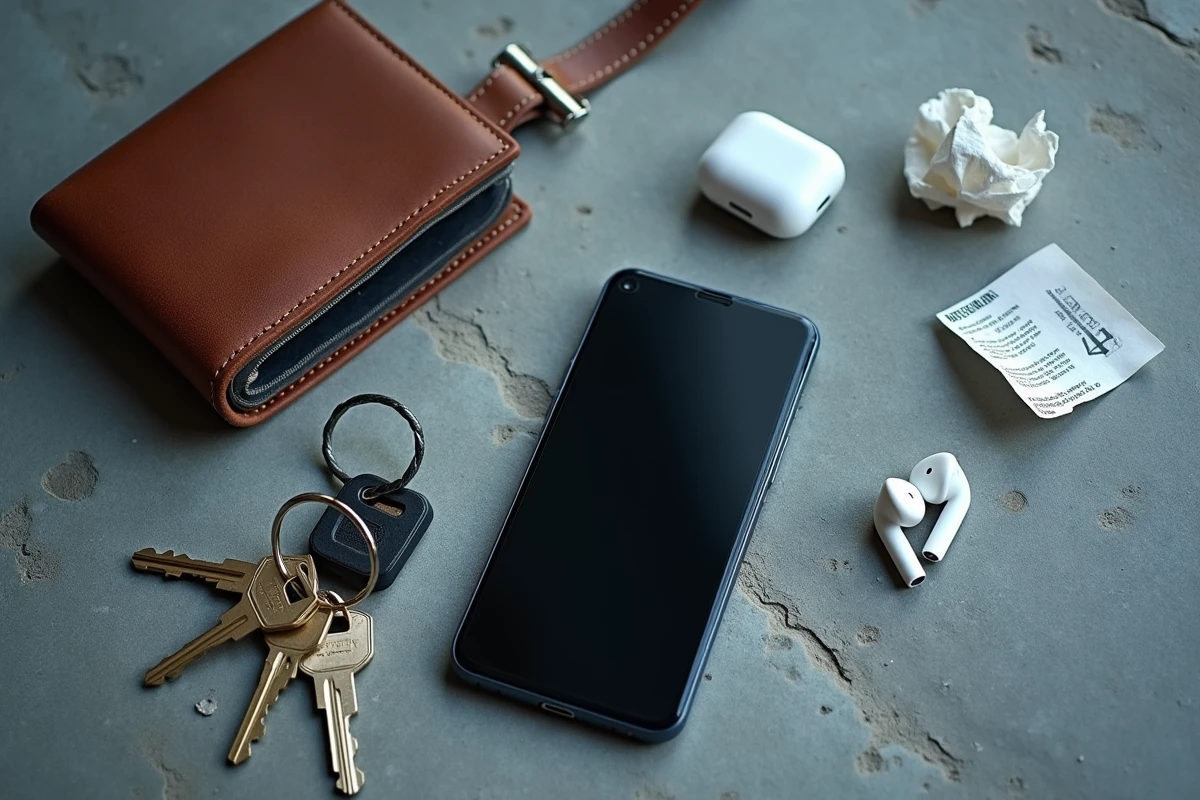 Flat lay d'un téléphone entrée de gamme posé sur béton avec accessoires du quotidien, symbolisant le budget maîtrisé en 2026