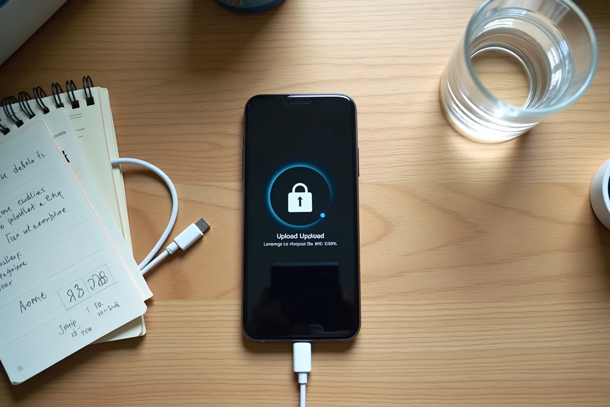 Vue de dessus d'un smartphone affichant une erreur d'upload de photo posé sur un bureau en bois avec câble USB et carnet, illustrant les problèmes de transfert de fichiers
