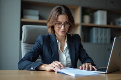 Femme fonctionnaire utilisant une messagerie sécurisée Melanie Web sur ordinateur portable dans un bureau administratif