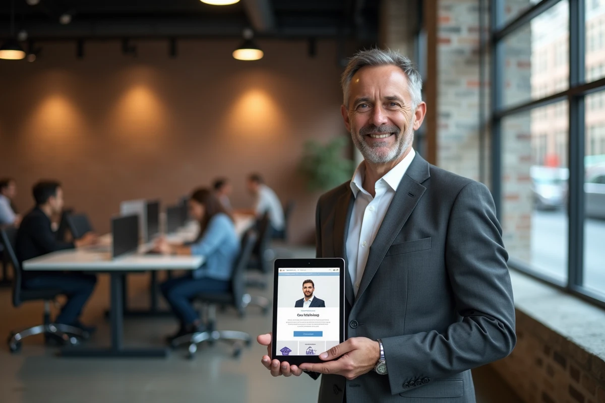 Formateur en entreprise présentant son site web professionnel sur une tablette dans un espace de coworking moderne