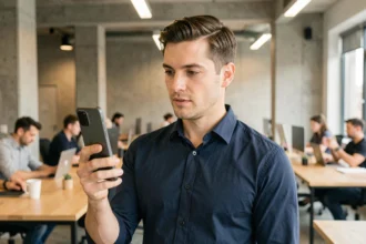 Homme consultant son Google Pixel 9 Pro XL dans un bureau moderne pendant une journée de travail chargée
