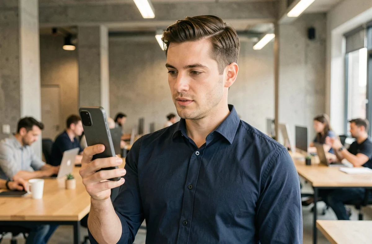 Homme consultant son Google Pixel 9 Pro XL dans un bureau moderne pendant une journée de travail chargée
