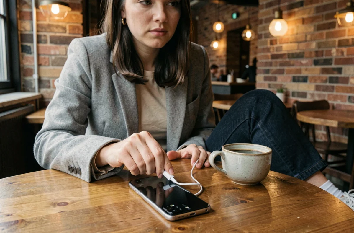 Femme rechargeant son Google Pixel 9 Pro XL dans un café avec un câble USB-C pendant une pause
