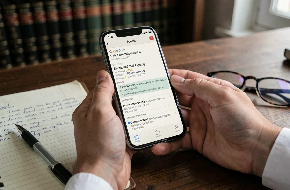 Gros plan de mains tenant un iPhone avec des SMS exportés à côté de notes manuscrites sur un bureau pour démarche légale