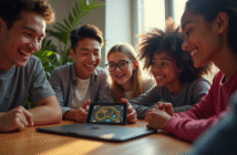 Groupe de jeunes jouant au jeu Snake sur tablette