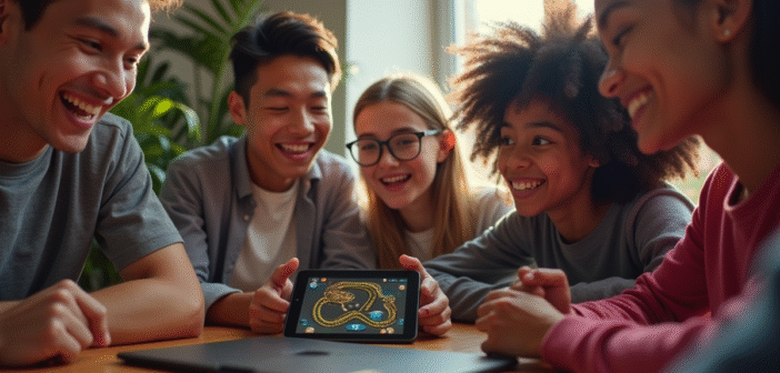 Groupe de jeunes jouant au jeu Snake sur tablette