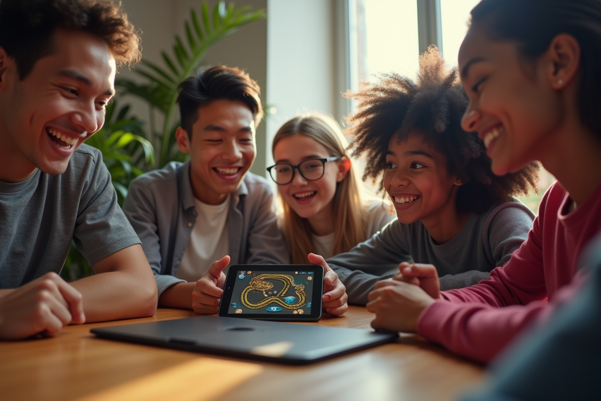 Groupe de jeunes jouant au jeu Snake sur tablette