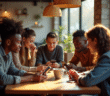 Groupe de jeunes adultes avec smartphones dans un café chaleureux