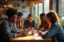 Groupe de jeunes adultes avec smartphones dans un café chaleureux