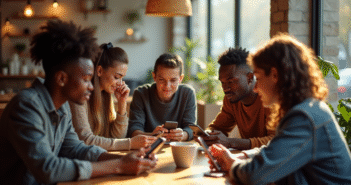 Groupe de jeunes adultes avec smartphones dans un café chaleureux