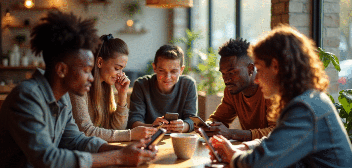 Groupe de jeunes adultes avec smartphones dans un café chaleureux