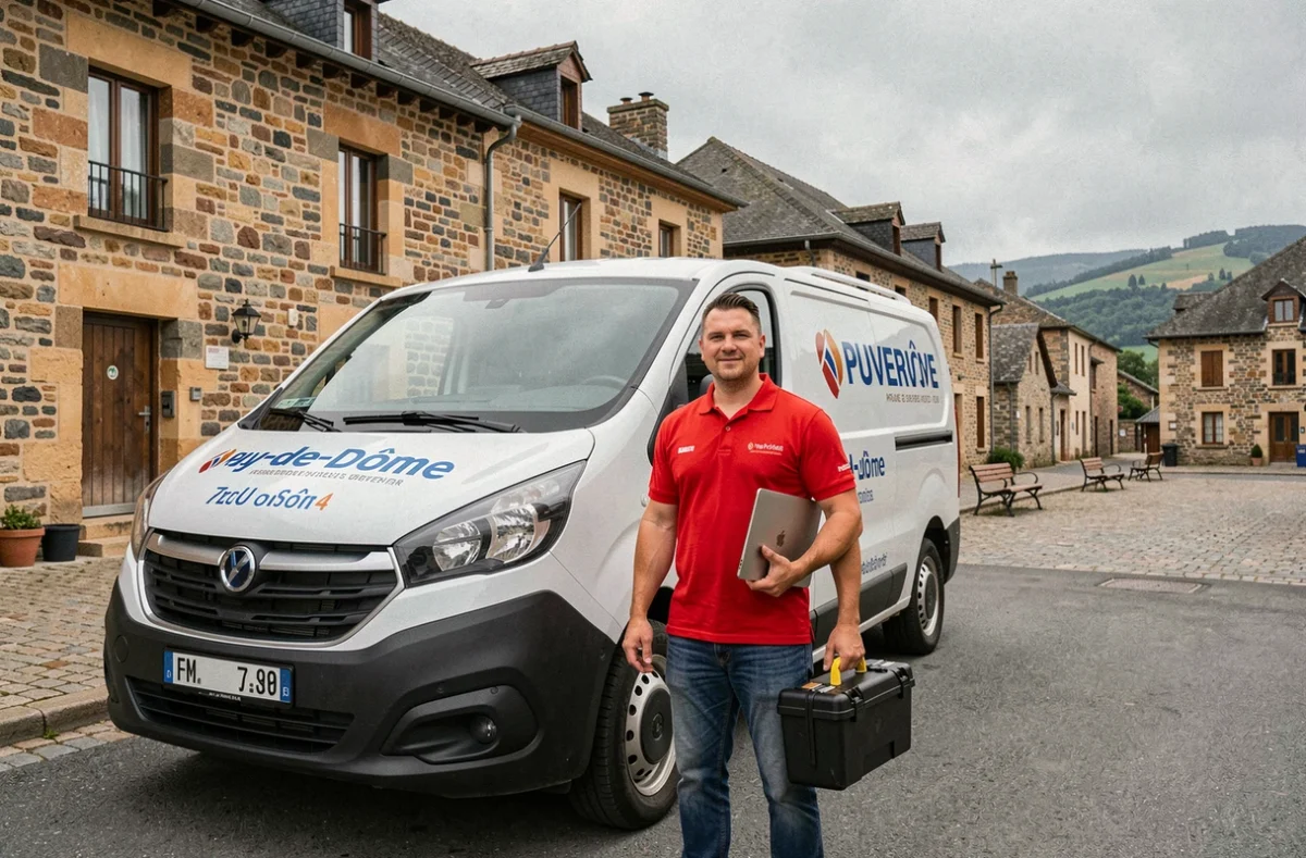 Technicien de Help-Tech debout devant son véhicule dans un village du Puy-de-Dôme prêt pour une intervention