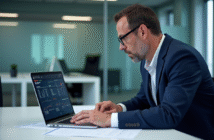 Homme d affaires en costume examine un rapport informatique