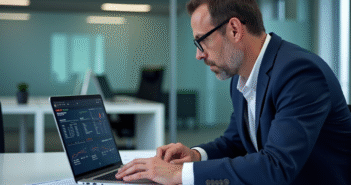 Homme d affaires en costume examine un rapport informatique