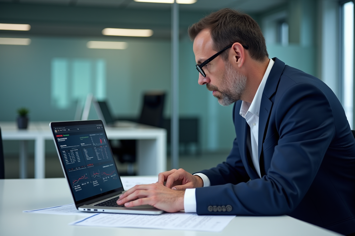 Homme d affaires en costume examine un rapport informatique