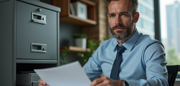 Homme d'affaires organisant des documents dans un bureau moderne