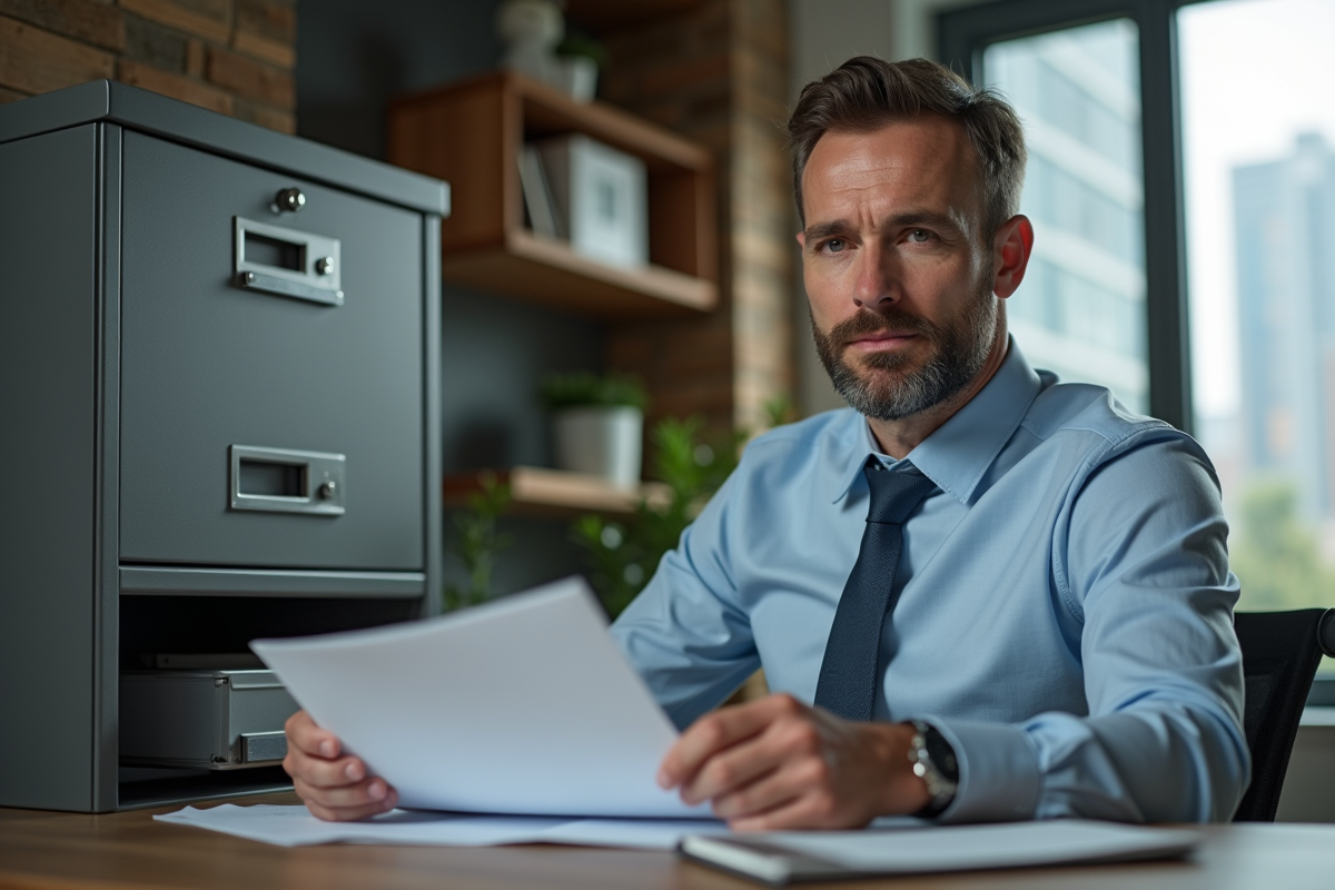 Homme d'affaires organisant des documents dans un bureau moderne