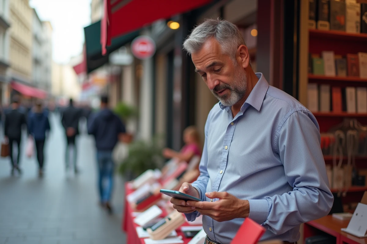 Homme regardant des coques de téléphone en marché urbain