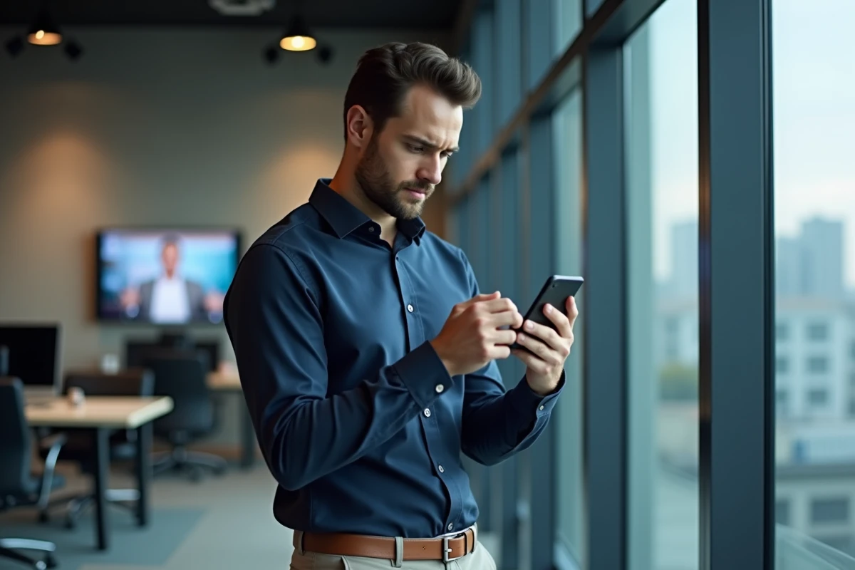 Homme en bureau consultant sa galerie photo sur smartphone, illustrant la gestion des fichiers et les erreurs d'upload depuis un téléphone mobile