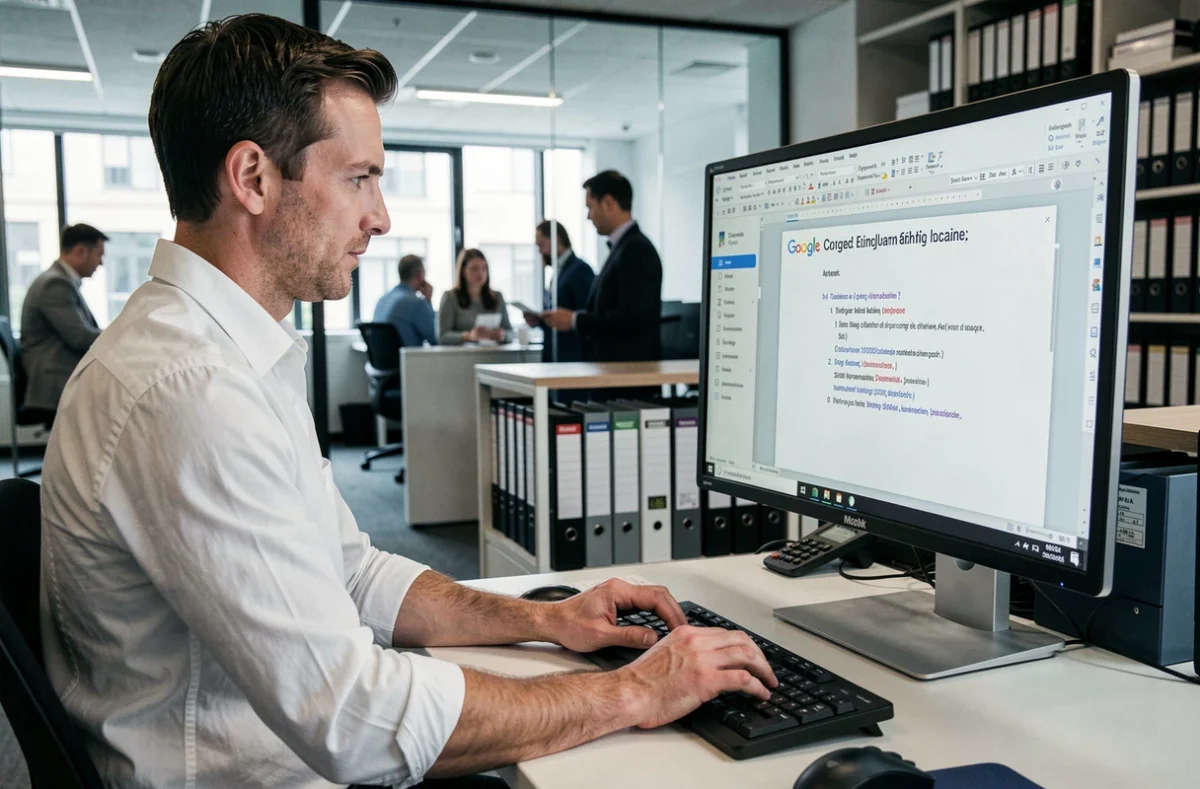Homme en bureau professionnel structurant un document Google Docs avec une table des matières à liens cliquables sur grand écran