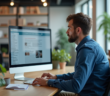 Homme en bureau lisant un flux RSS sur écran large